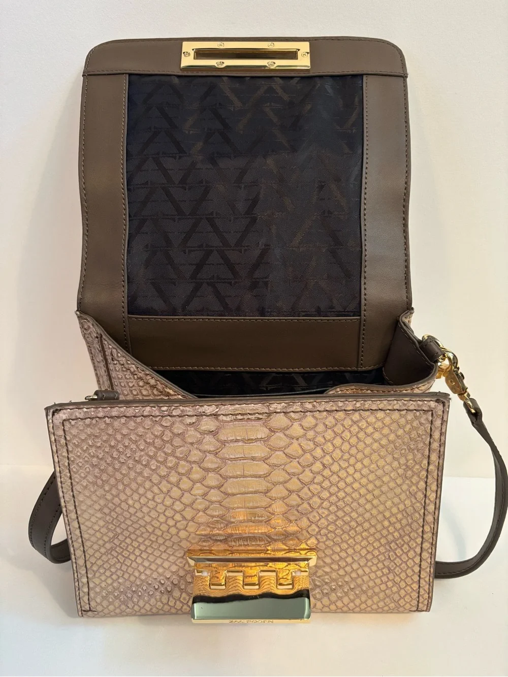 Rare Zac Posen Eartha Top-Handle Mini Crossbody Taupe Olive Brown Gold